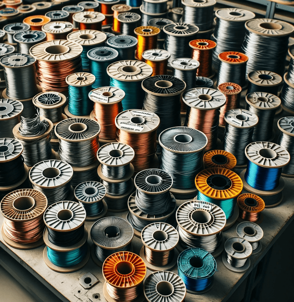 DALL·E 2023-12-18 15.52.10 - An image displaying various metal wires neatly wound on DIN 200 spools. The spools should be of different colors to indicate different types of metal